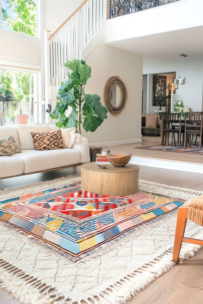 A bright living room with a cream sofa, a colorful rug, a round wooden coffee table and a potted plant. Dining area visible in the background.