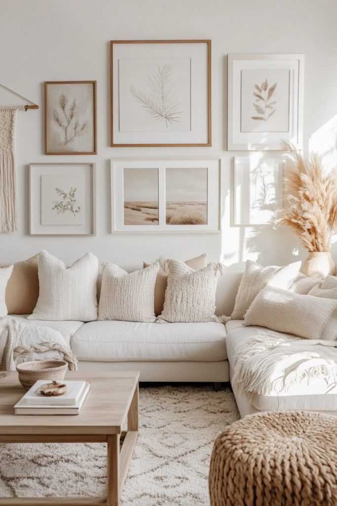 A cozy living room with a white sectional sofa, beige and cream cushions, a wooden coffee table and nature-themed wall art. Sunlight brightens the room and accentuates the neutral decor.