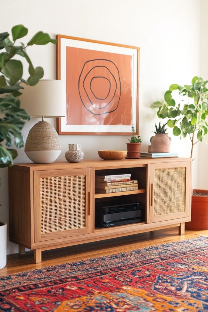 A wooden sideboard with woven doors provides space for books and a stereo. A large abstract piece of art hangs above, flanked by a lamp and plants. A colorful patterned carpet covers the floor.