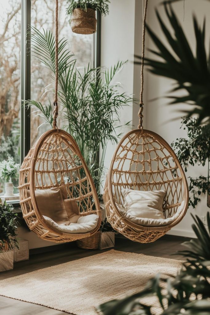 Two rattan hanging chairs with cushions stand by large windows in a room with various green plants. There is a woven carpet on the floor.