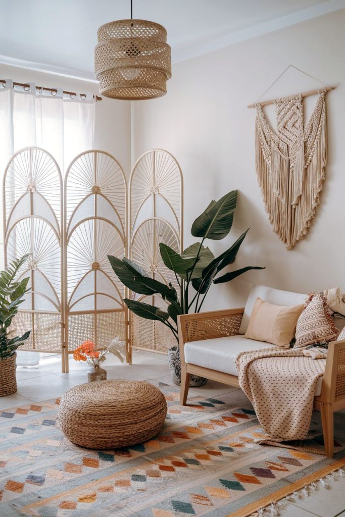 A cozy living room with a wicker sofa, a macrame wall hanging, a rattan umbrella, large green plants and a woven stool on a colorful geometric rug.