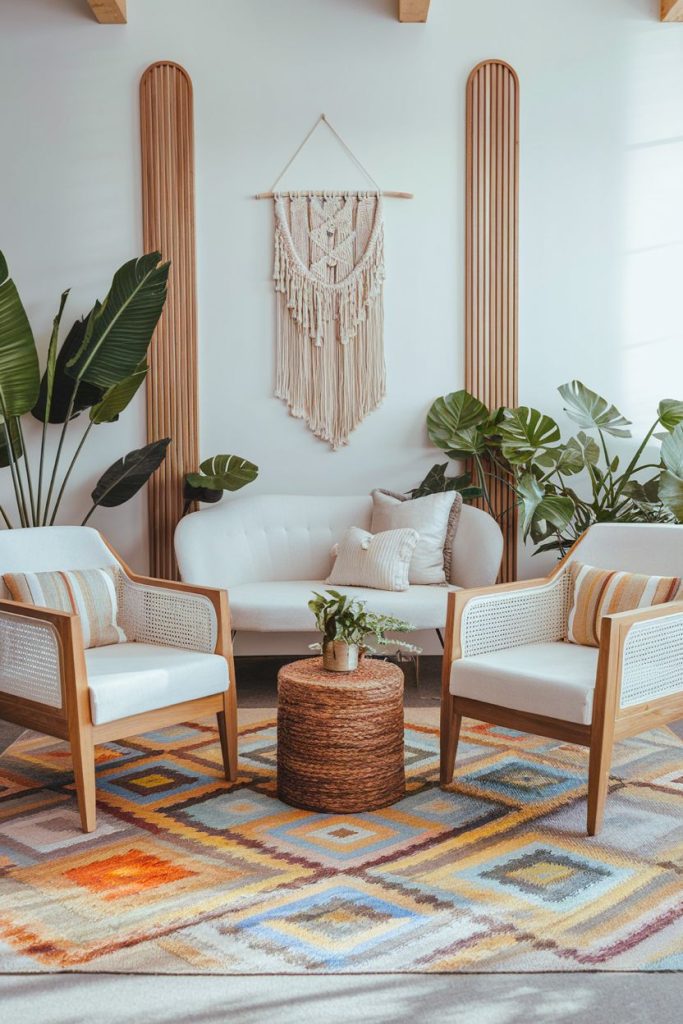 A cozy modern living room with two white armchairs, a white sofa, leafy plants, a round woven coffee table and a colorful geometric rug. A macrame wall hanging decorates the white wall.