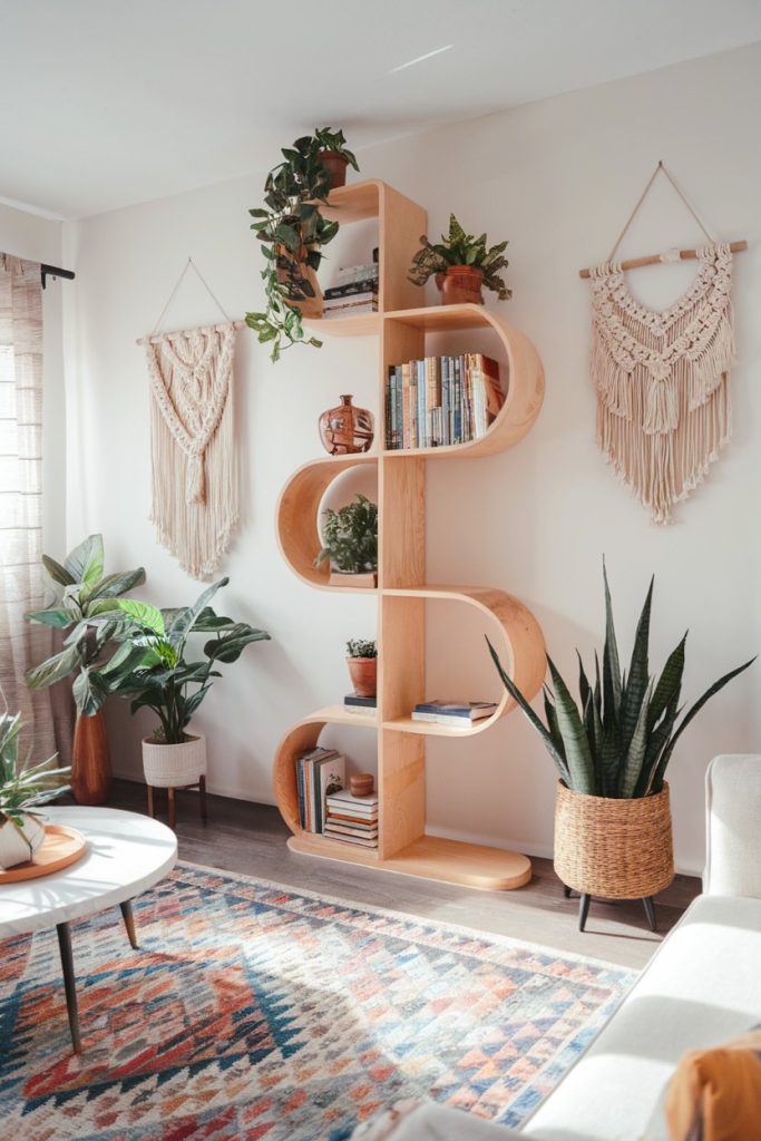 A stylish living room features a unique S-shaped wooden bookcase, <a href=