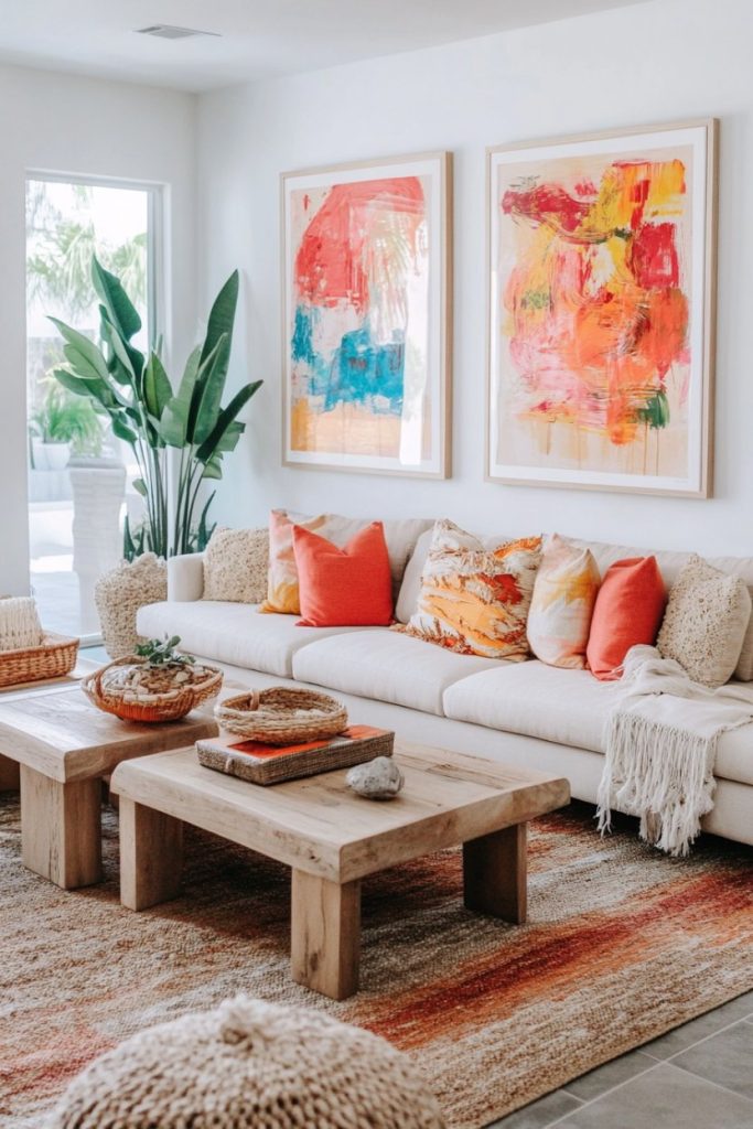 A modern living room with a beige sofa, orange and beige pillows, abstract paintings on the wall, two wooden coffee tables and large potted plants by the window.