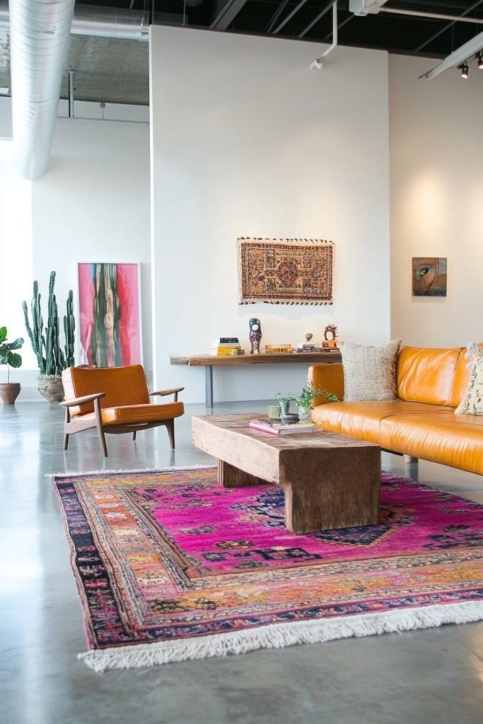 Modern living room with a tan leather sofa, a wooden coffee table, a pink patterned carpet and various decor. A painting, a cactus and an additional chair complete the ambience.