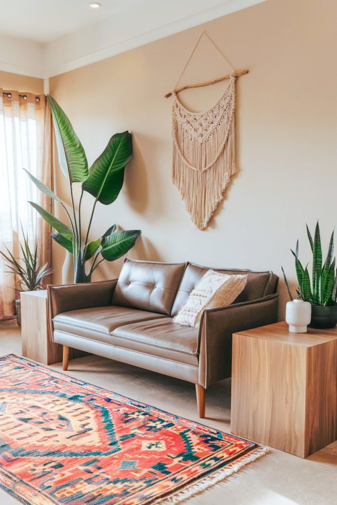 A cozy living room with a brown leather sofa, patterned pillows, macrame wall hanging, large plants, wooden tables and a colorful carpet. Natural light penetrates through transparent curtains.