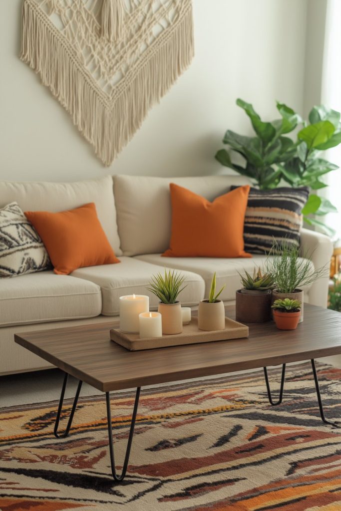 A modern living room features a beige sofa with orange pillows, a wooden coffee table with candles and plants, a patterned rug and a large macrame wall hanging.