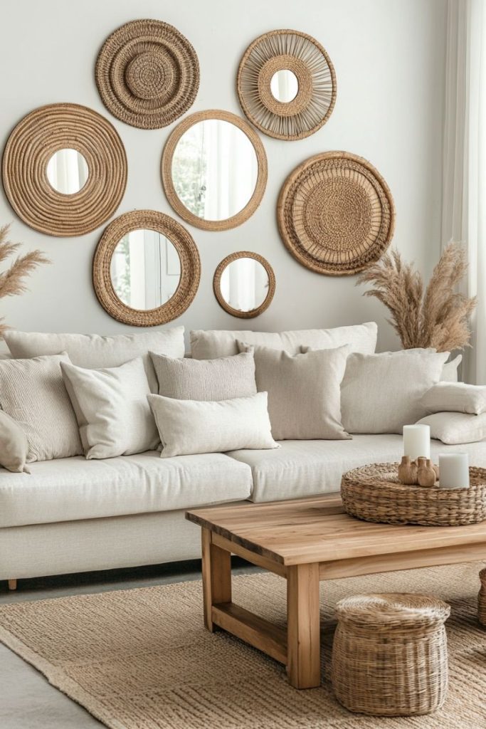 A cozy living room with a beige sofa, wicker mirrors on the wall, a wooden coffee table with candles and pampas grass decoration.