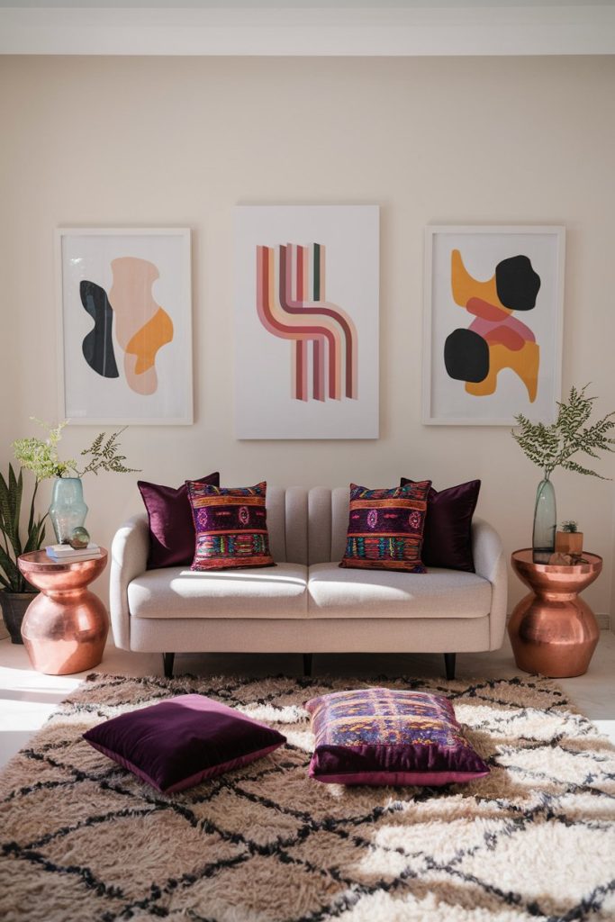 A cozy living room with a beige sofa, colorful pillows, abstract wall art and metallic side tables. A patterned carpet and decorative plants complete the furnishings.