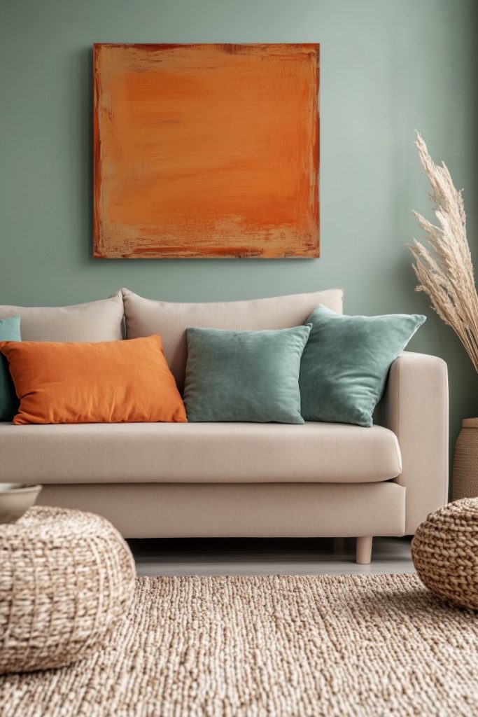 A beige sofa with teal and orange cushions stands in front of a green wall. An orange abstract painting hangs above, and woven stools and pampas grass decor add to the cozy atmosphere.