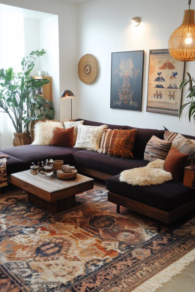 A cozy living room with a dark sofa set, various pillows and a patterned carpet. Decorations include wall art, woven baskets and houseplants. Warm lighting completes the ambience.