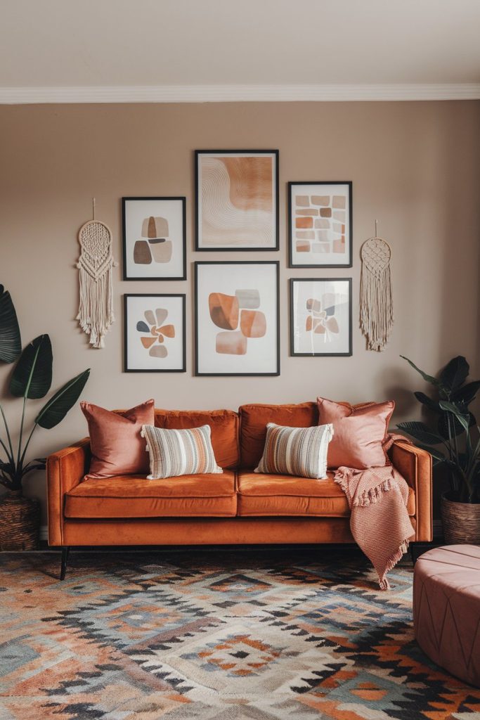 A cozy living room with a rust-colored sofa, patterned pillows, <a href=