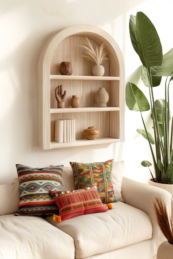 A beige, curved wall shelf with decorative items above a white sofa with colorful patterned cushions. Big green plant nearby.