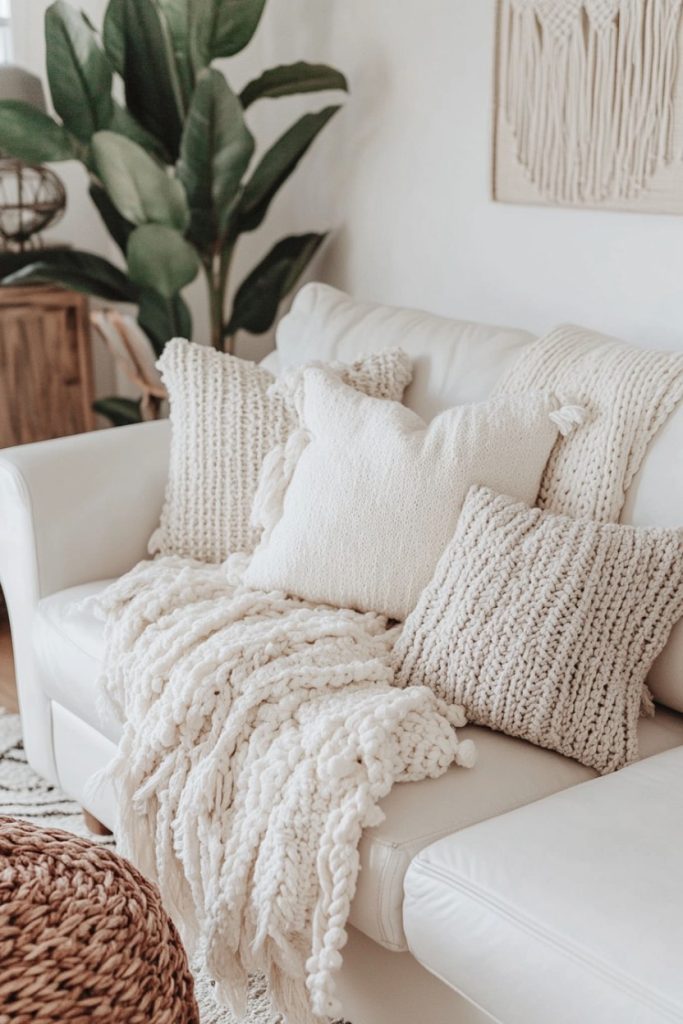 A cozy white sofa adorned with textured cream cushions and a chunky knit throw. A large green plant and woven decorative items can be seen in the background.