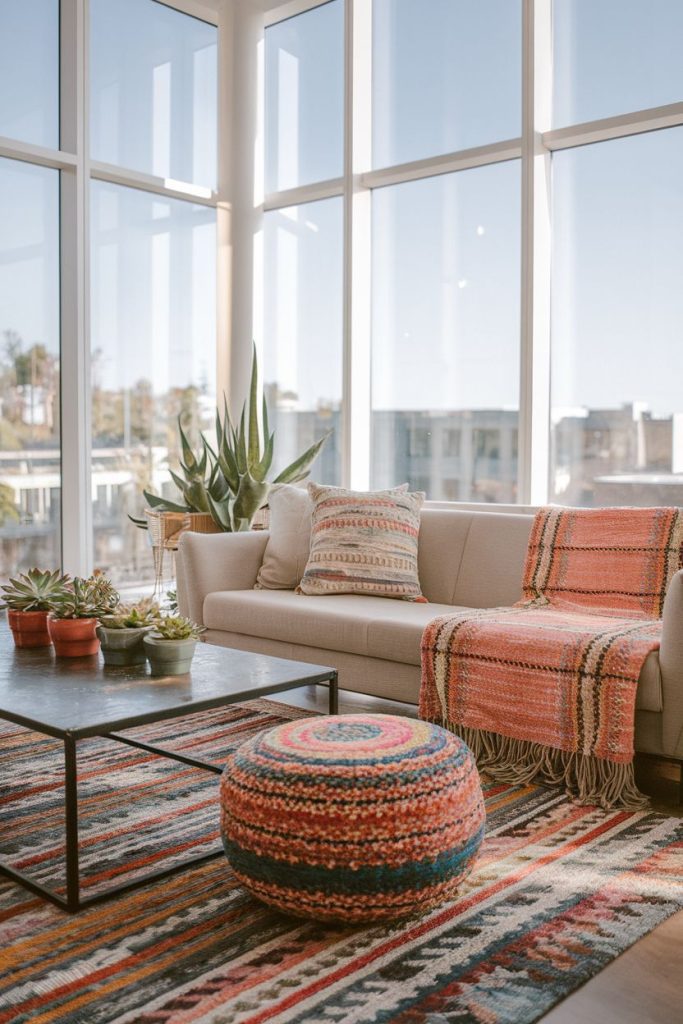 Bright living room with large windows, a beige sofa with colorful blanket and pillows, a round ottoman, a coffee table, plants and a patterned carpet.