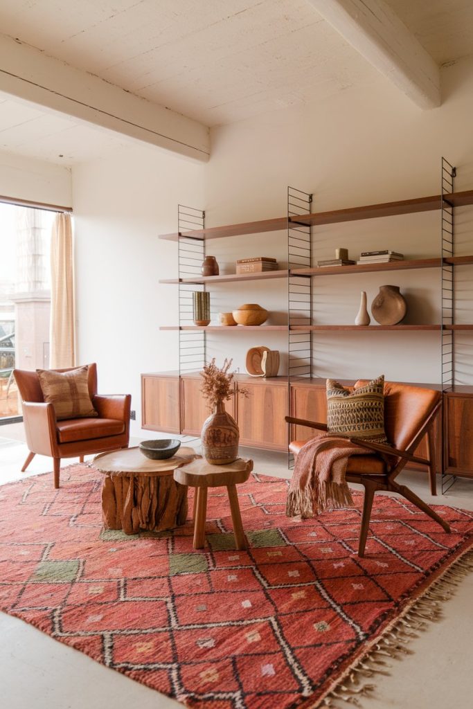 A cozy living room with leather armchairs, a wooden coffee table and an orange patterned carpet. The shelves hold decorative items and pottery and create a warm, minimalist atmosphere.