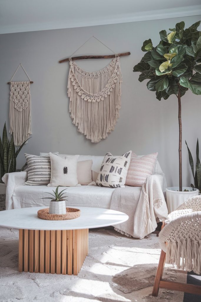 Cozy living room with a white sofa, patterned pillows, macrame wall hangings, a round coffee table and a large potted plant on the wall.