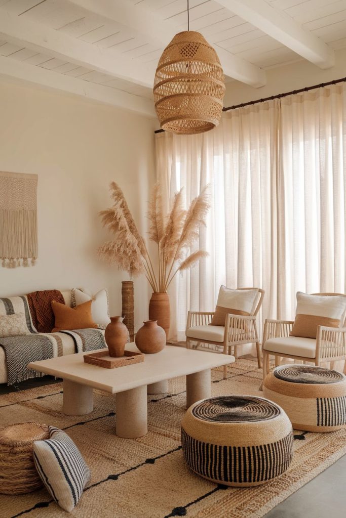 Living room in neutral tones with woven decor, a large pendant lamp, a beige sofa, armchairs, a wooden coffee table, pampas grass in vases and natural light through sheer curtains.