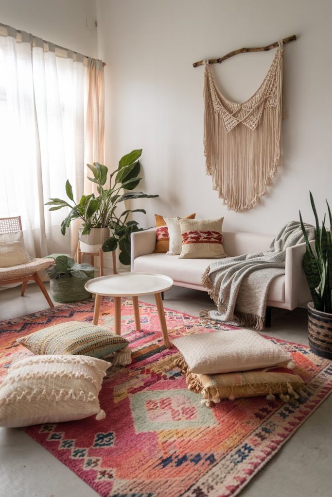 Cozy living room with white sofa, colorful pillows, round coffee table, macrame wall hanging and plants, all on a pink patterned carpet. Sunlight streams through transparent curtains.