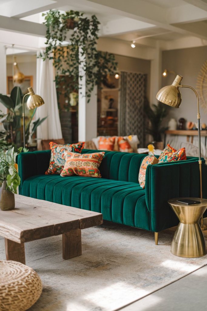 A modern living room features a green velvet sofa with colorful pillows, two gold lamps, a wooden coffee table and plants.