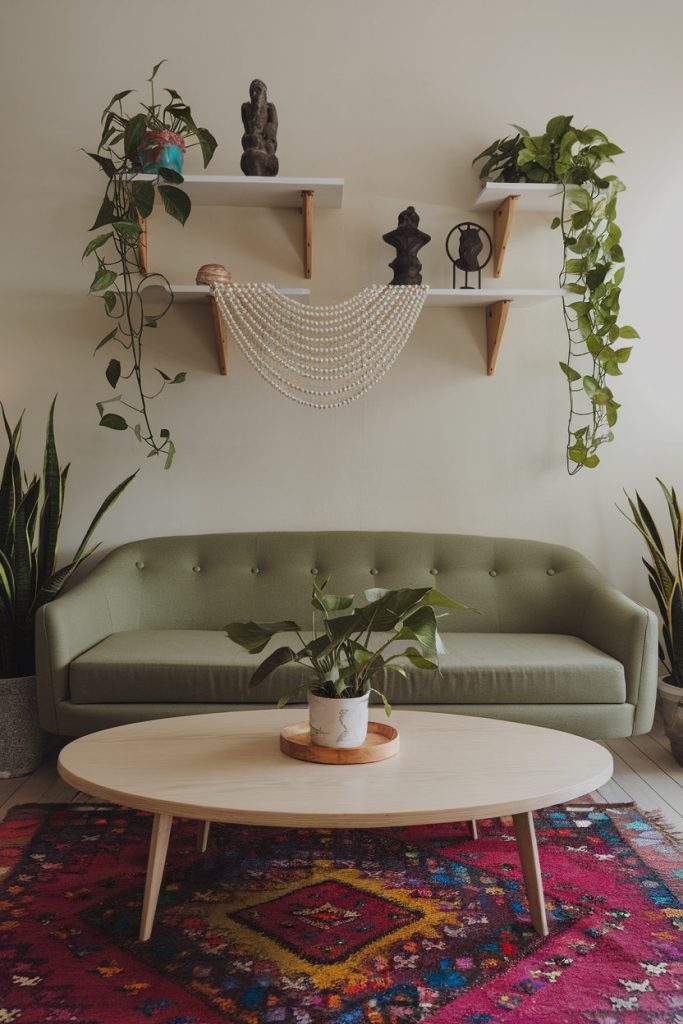 Living room with a green sofa, a wooden coffee table, plants, a decorative beaded curtain and shelves with sculptures and more plants. A colorful carpet covers the floor.