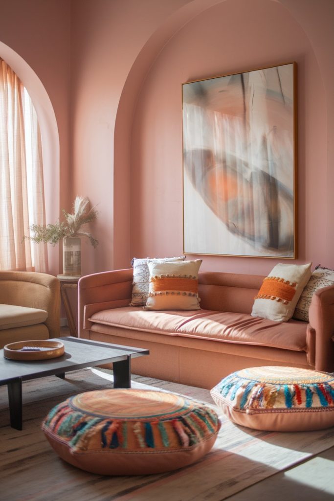 A cozy living room with peach walls, a matching sofa, abstract artwork and colorful floor cushions. Soft, natural light filters through arched windows with sheer curtains.