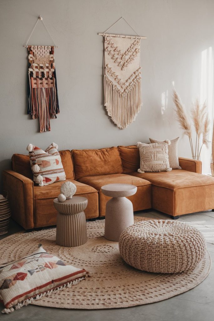 A cozy living room with a brown sofa set, decorative pillows, a round crocheted stool, a round woven rug, two side tables and wall hangings.