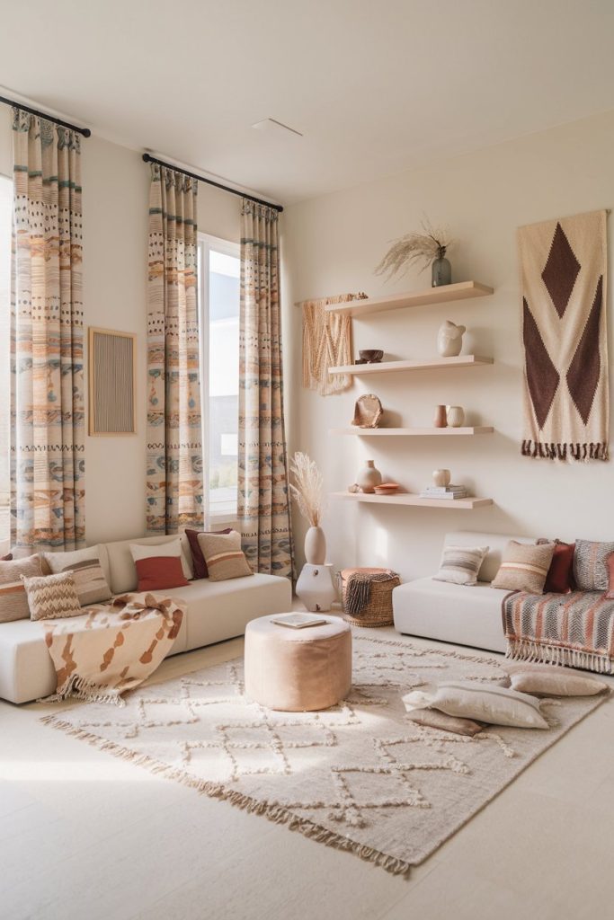 A cozy living room in neutral tones features patterned curtains, two sofas, decorative pillows, a round ottoman, and floating shelves with vases and woven wall hangings.