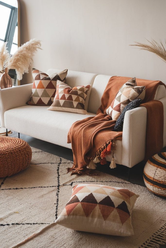 A cozy living room features a white sofa with geometric pillows, a rust-colored throw, a patterned rug, and decorative baskets and pampas grass.