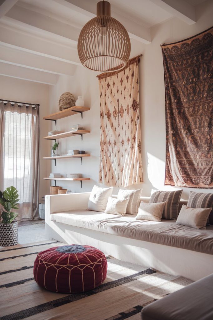 A sun-filled living room with a white couch, neutral pillows, a red ottoman, hanging tapestries, floating shelves and a wooden pendant light. A potted plant stands near a high window with transparent curtains.