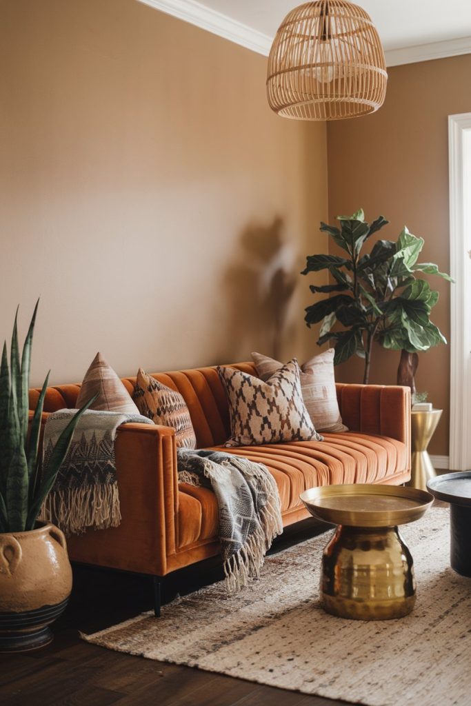 A cozy living room with an orange sofa, patterned pillows, a gold coffee table, a wicker lamp and green plants. The carpet is beige and the walls are a warm brown.