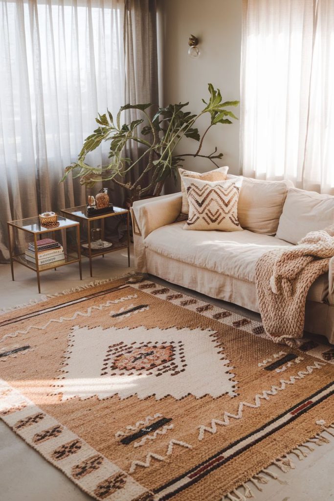 A cozy living room with a beige couch, patterned pillows, a textured throw, a large patterned rug, a small table with decorative items and a tall green plant by the window with sheer curtains.