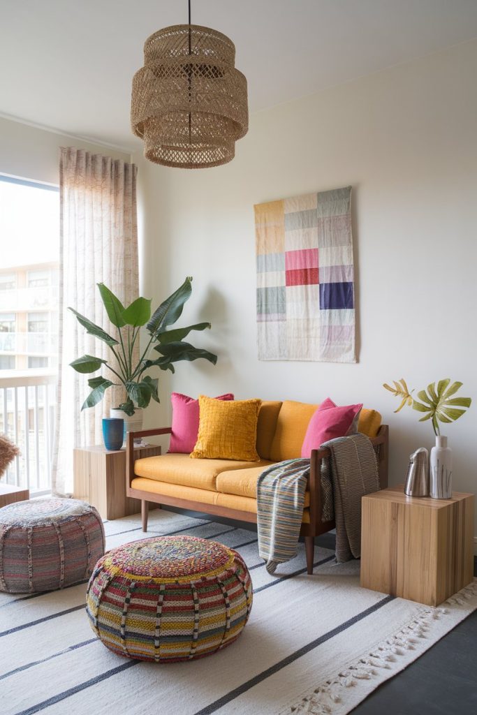 A cozy living room with a yellow sofa, colorful pillows, woven poufs and a striped rug. A potted plant and a patchwork wall hanging provide additional decoration. A woven pendant light hangs from the ceiling.