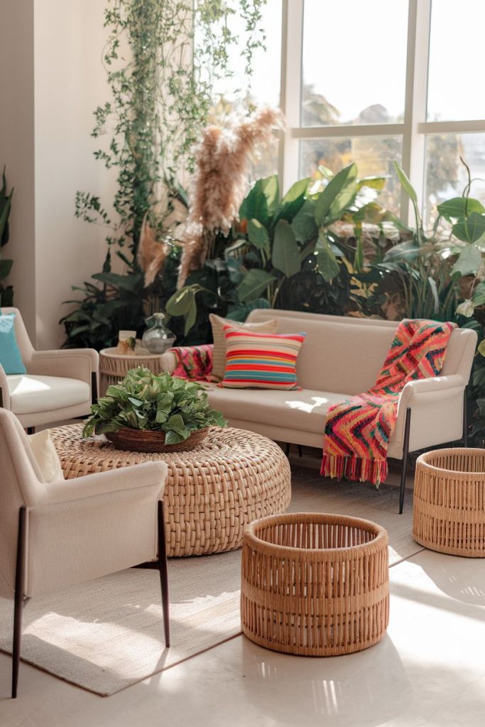 Sunny living room with beige furniture, colorful pillows, wicker tables and potted plants. Large windows let in natural light.