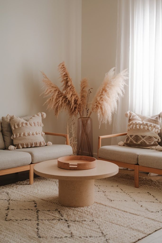 A minimalist living room features two beige armchairs with patterned pillows, a round coffee table, and a vase of dried pampas grass on a neutral rug. White curtains hang on the window.