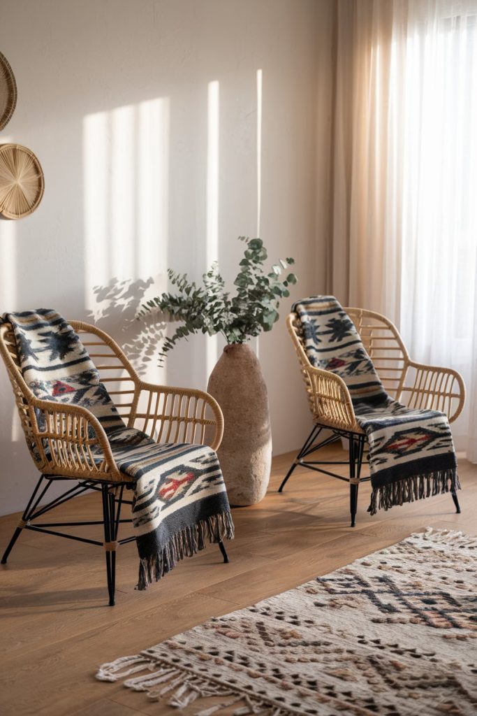 Two wicker chairs with patterned blankets stand in a sunlit room. A tall vase of green plants stands between them, and a woven carpet covers the wooden floor. Natural light penetrates.