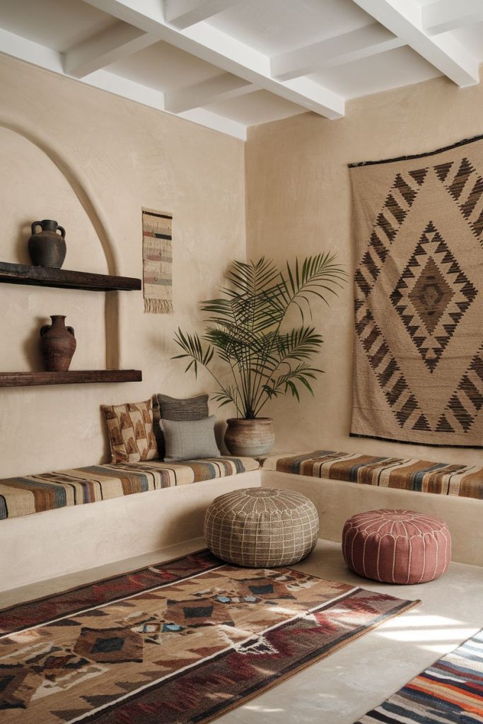 Cozy room in neutral tones with patterned textiles, potted plants, pottery and wooden shelves.