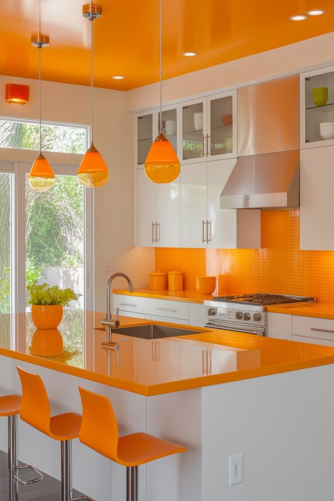 Modern kitchen with bright orange decor, orange pendant lights, chairs, backsplash and countertop. White cabinets and <a href=