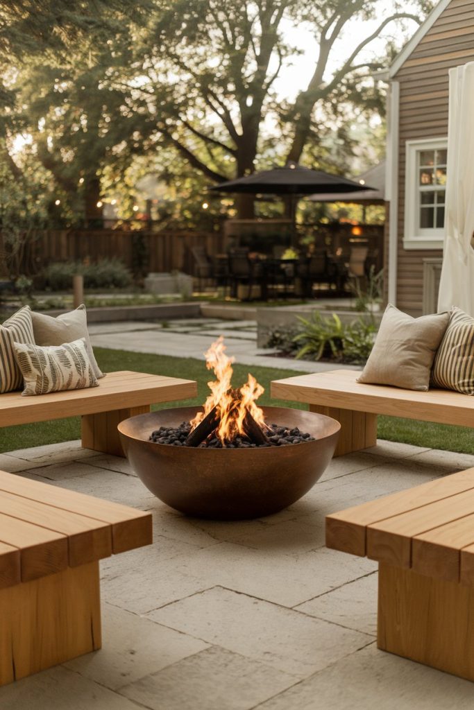 A cozy backyard patio with a fire pit in the center surrounded by wooden benches with cushions. In the background a table and chairs can be seen under a large parasol.