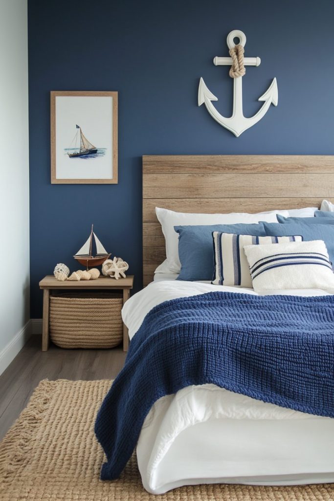 Bedroom with nautical decor, a wooden anchor on a dark blue wall, a bed with blue and white linens and a side table with decorative items such as a sailboat model and a rope basket.