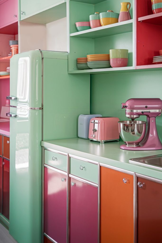 A colorful retro kitchen with a mint green refrigerator, a pink blender, and pastel dishes and appliances on open shelves and countertops.