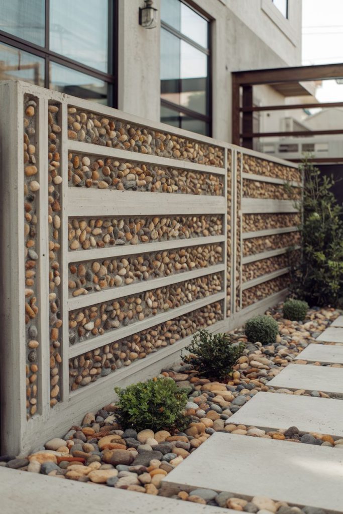 Decorative stone-filled concrete fence with plants and stone tiles in a modern landscaped garden.