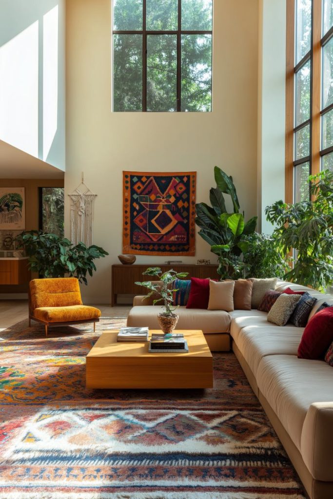 A spacious living room with large windows, a white sofa set, a colorful rug, an orange chair and houseplants. There is a tapestry hanging on the wall. Natural light fills the room.