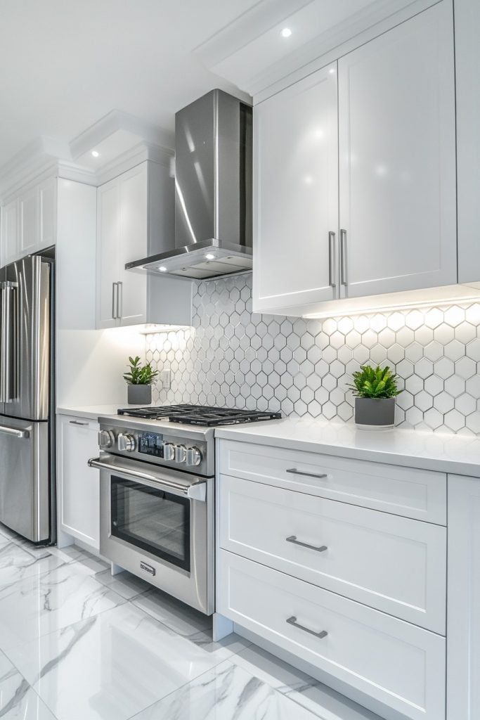 Modern kitchen with white cabinets, stainless steel appliances, hexagonal tile backsplash and potted plants on the countertop.