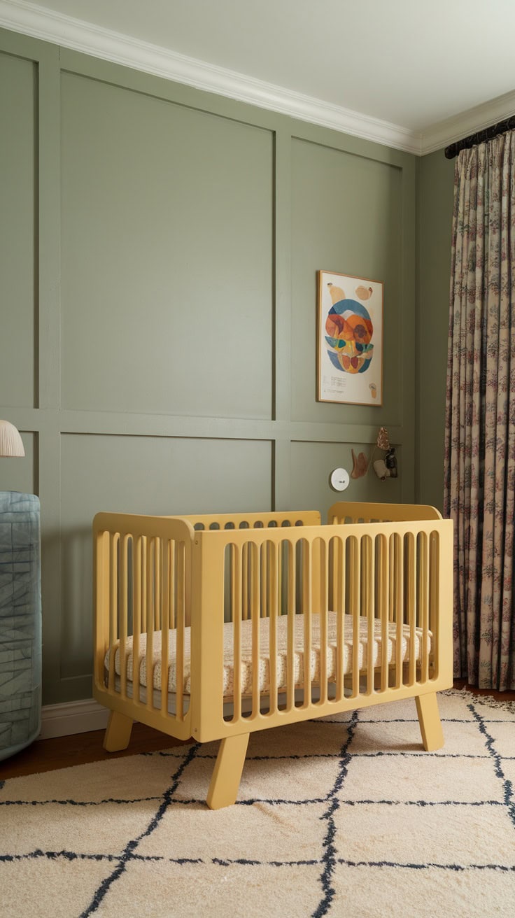 A cozy children's room with a yellow crib and sage green bedding, a soft rug and patterned curtains.