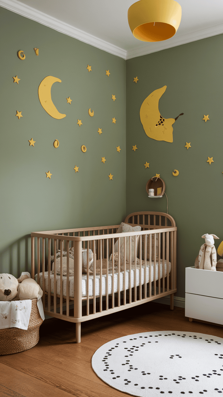 A child's bedroom with a sage green accent wall with yellow moon and star stickers.