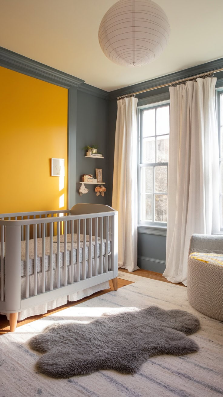 A child's room with a yellow accent wall and gray decor.