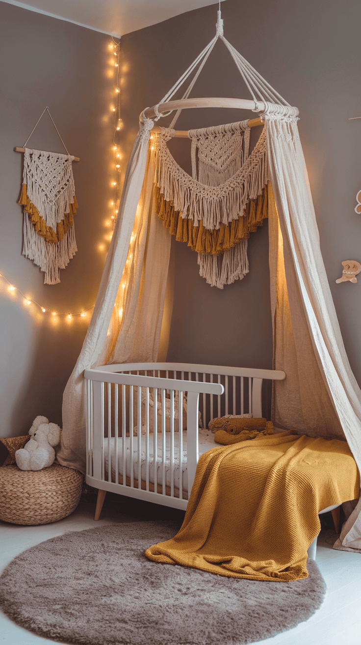 A bright yellow nursery wall with pop art graphics and playful words, complemented by a cozy seating area.