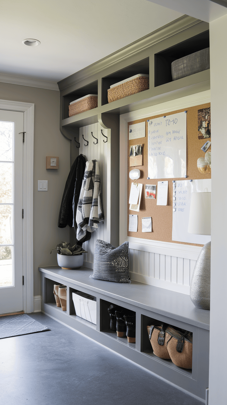 Mudroom with a bulletin board, warehouse basket and shoe jubbys