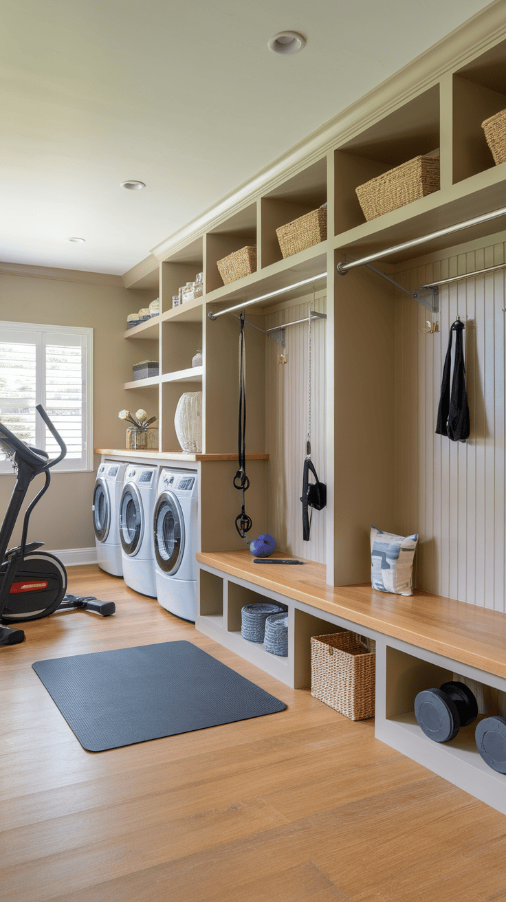 A mudroom fitness studio with a treadmill, weights and a laundry area with washing machines.